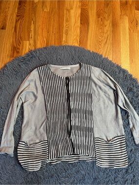 Matthildur Light Gray Button-Front Knit Oversized Cardigan Black Stripes Size S